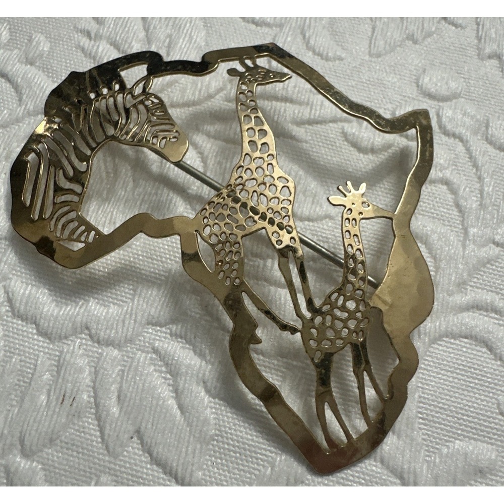 Pin Brooch Wild Bryde Giraffes Zebra Africa Shape Vintage Gold Tone 2"